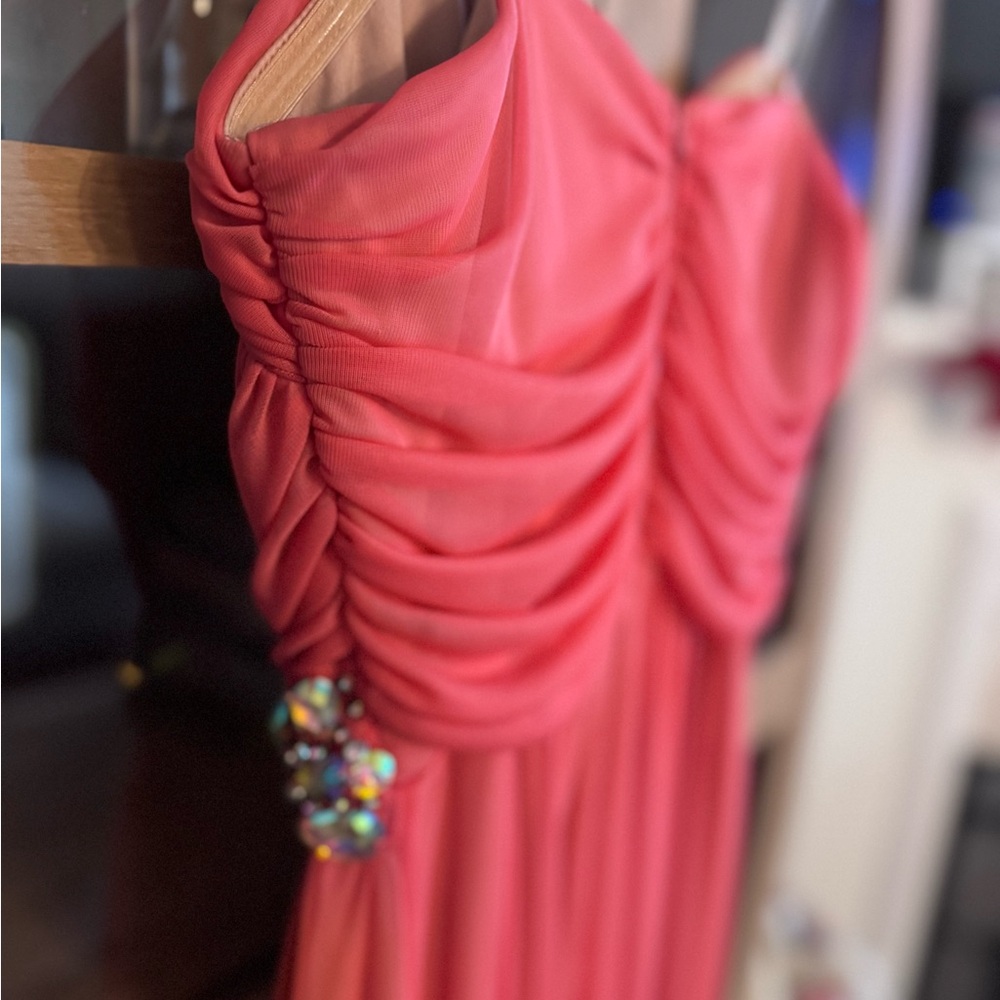 Coral Chiffon Maxi Dress w/ Jeweled Waist Strapless Formal Prom Evening Gown - Picture 4 of 6